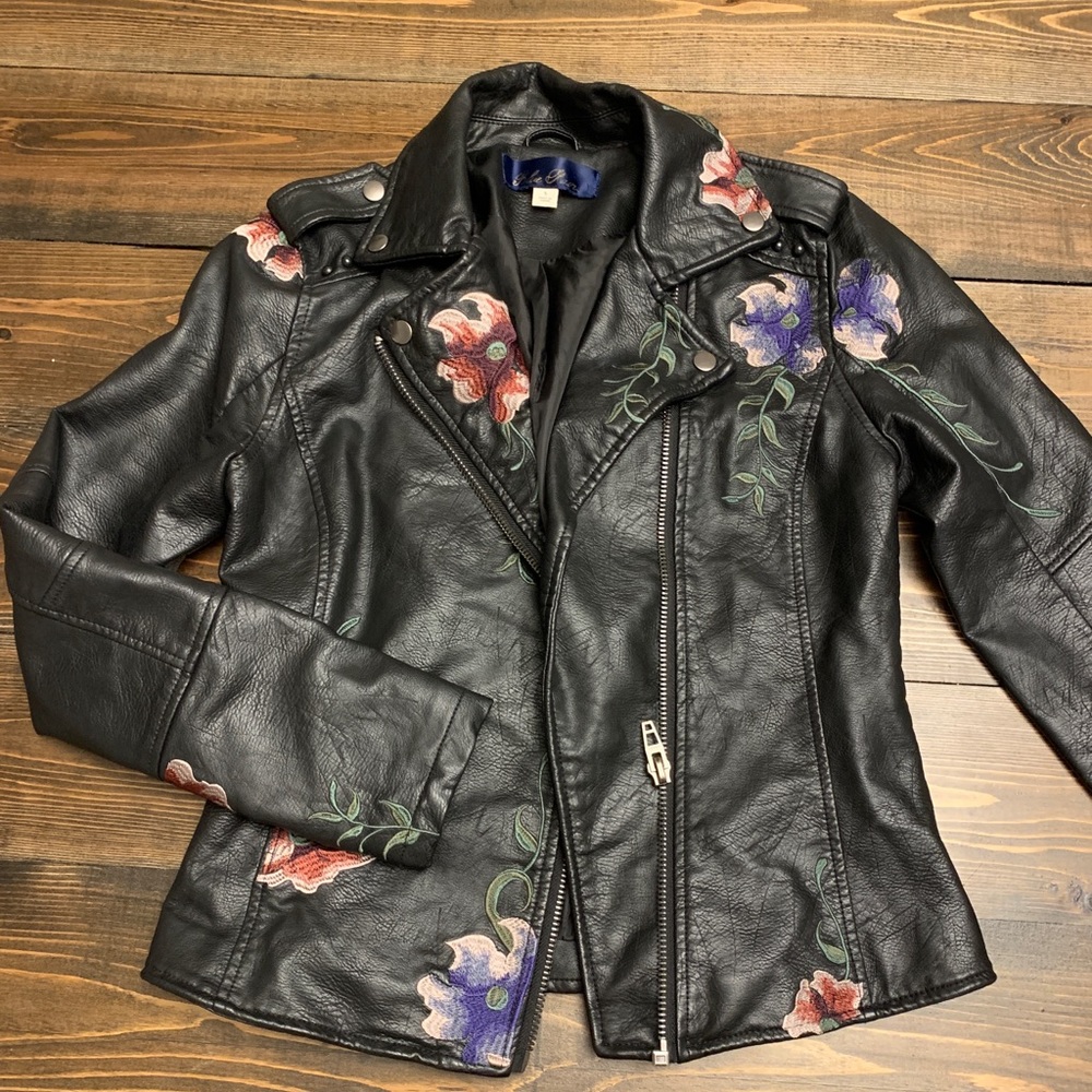 Black Faux Leather Jacket w/Flower Embrodiery